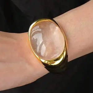 Women's Gold-Rimmed Citrine Cuff Bracelet Vintage Chunky Open Bangle, Perfect Gift for Her – Daily, Date, Gala, Festival, Mother's Day