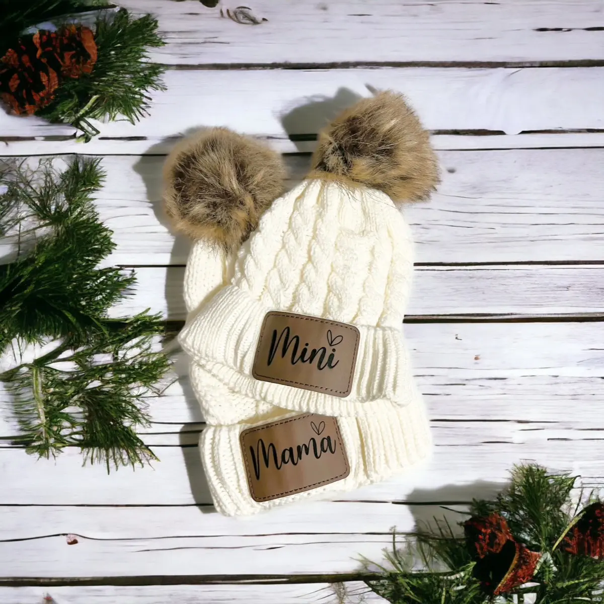 Mama and Mini Matching Beanie Set with Faux Leather Patches