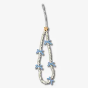 Beaded Phone Charm - Blue Bows Cellphone Pearl