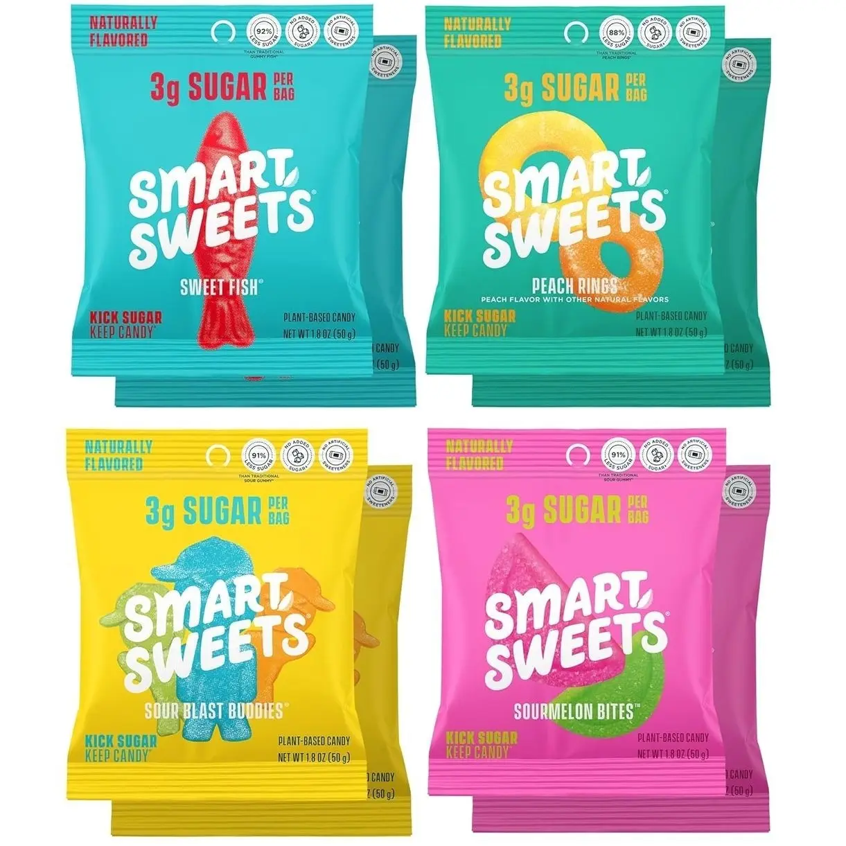 SmartSweets Variety Pack, Gluten Free Gummies, Plant Based Snacks for Adults & Kids, Chewy Candy, Low Sugar, Includes Sweet Fish, Sourmelon Bites, Peach Rings & Sour Blast Buddies, 50g Bags, 8 Pack