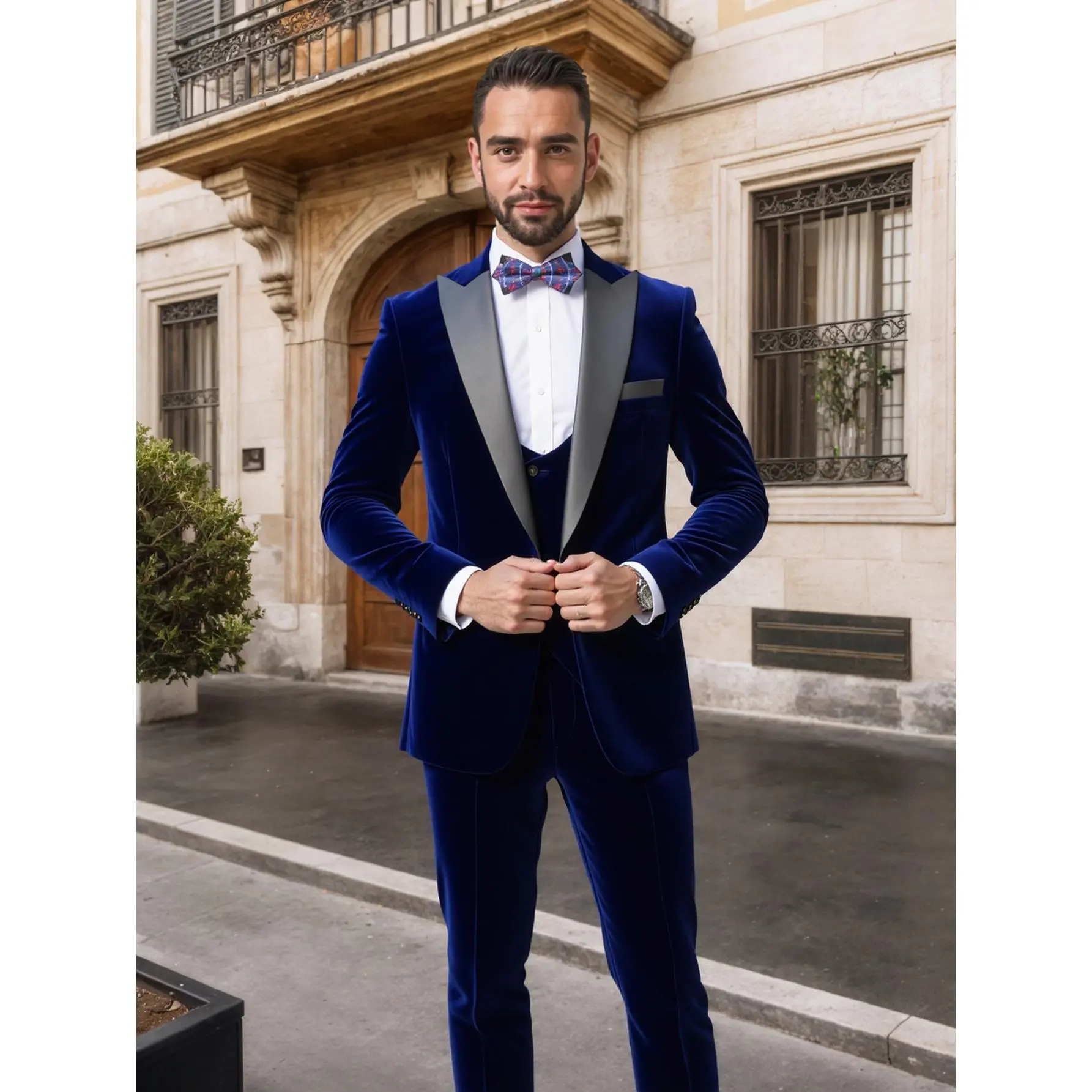 Men's 3-Piece Corduroy Suit Set  Shawl Lapel Slim Fit Tuxedo Jacket + Vest + Pants for Wedding Prom Party Formal Wear