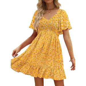 Genleck Women's Summer Floral Print Mini Dress - V Neck Flutter Sleeve Boho Sundress with Pockets for Vacation & Party