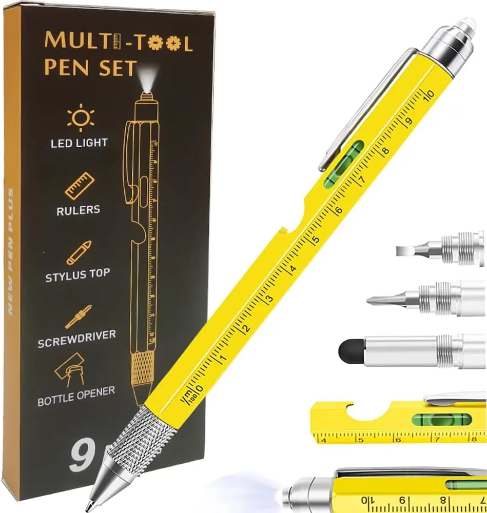 9-in-1 Compact Durable EDC Flashlight Multitool Pen - LED Light, Stylus, Rulers, Bubble Level, Bottle Opener, Screwdrivers, Ballpoint Pen, Writing Stationery - DIY Projects, Indoor Outdoor Survival Gear - Birthday, White Elephant Gifts for Dad