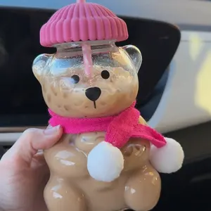 Honey Bear Sips Latte Glass Cups with Hat Scarf Pink Green Sipzey