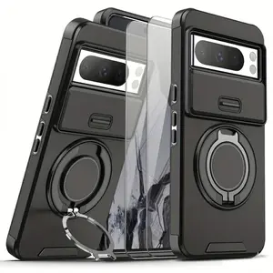 3 PCS [1 Phone Case with 2X Clear Screen Protectors] Suitable for Google Pixel 10 9Pro XL 10 9Pro 10 9A Pixel 8Pro 8A 7 Pro 7 Series, Shockproof 360° Rotating Metal Multi-functional Stand Phone Case with Sliding Lens Cap Protection