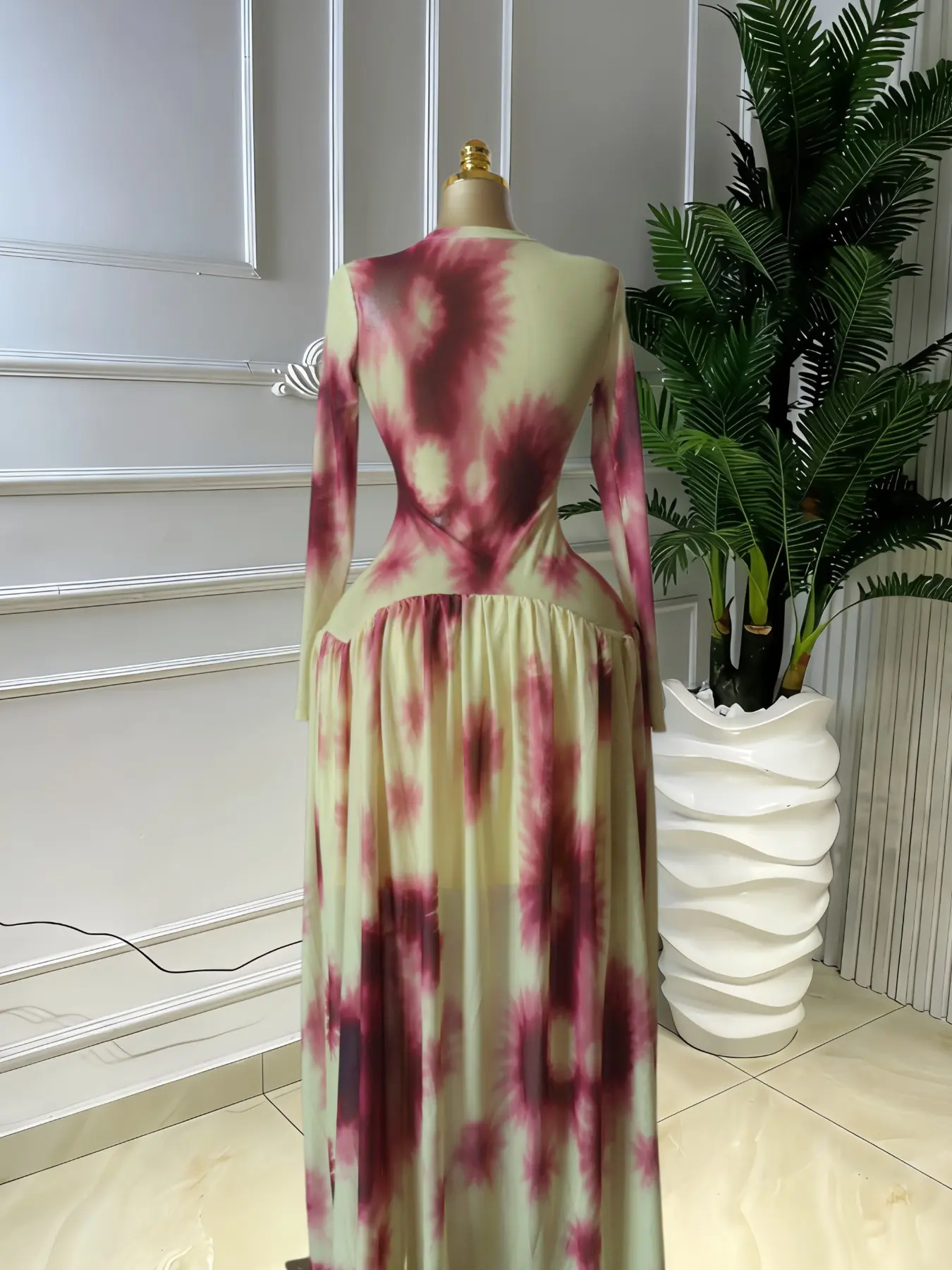 PULKRITU Elegant Women Tie Dye Print O-Neck Long Sleeve Ruffled Maxi Formal Prom Dress, Transparent PULKRITU Elegant Women Tie Dye Print O-Neck Long Sleeve Ruffled Maxi Formal Prom Dress, Transparent