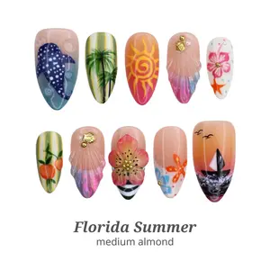 Lilynailsart | Florida Summer Press On Nails - Tropical Beach Nail Art With Seashell, Palm Tree & Sunset - Medium Almond
