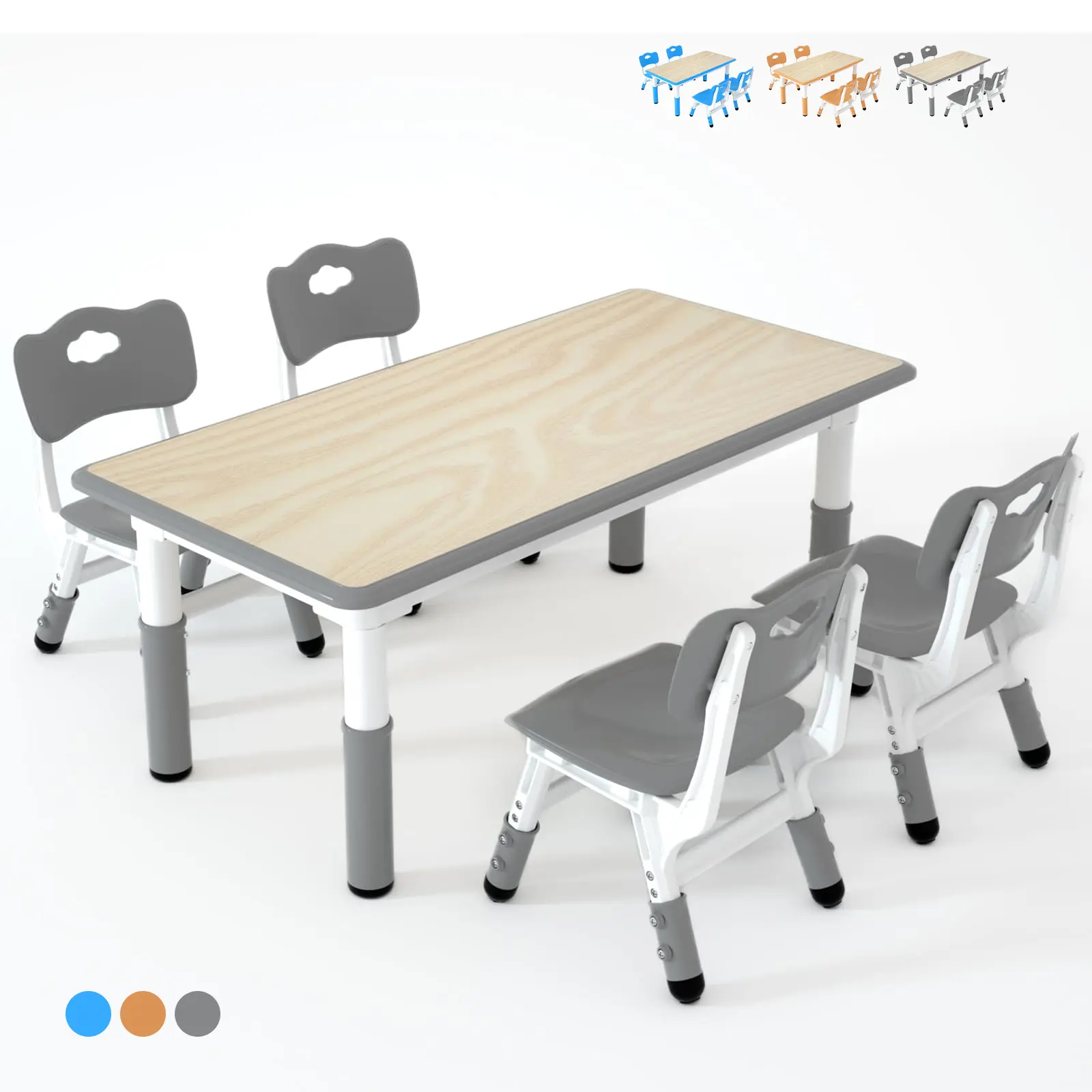 Kids Table and 4 Chairs Set, Height Adjustable Children Table & Chair, Toddlers Study Multi-Activity Table with 47.2"x23.6" Wipe-Clean Desktop for Home, Classroom & Daycare, Blue, Grey, Brown