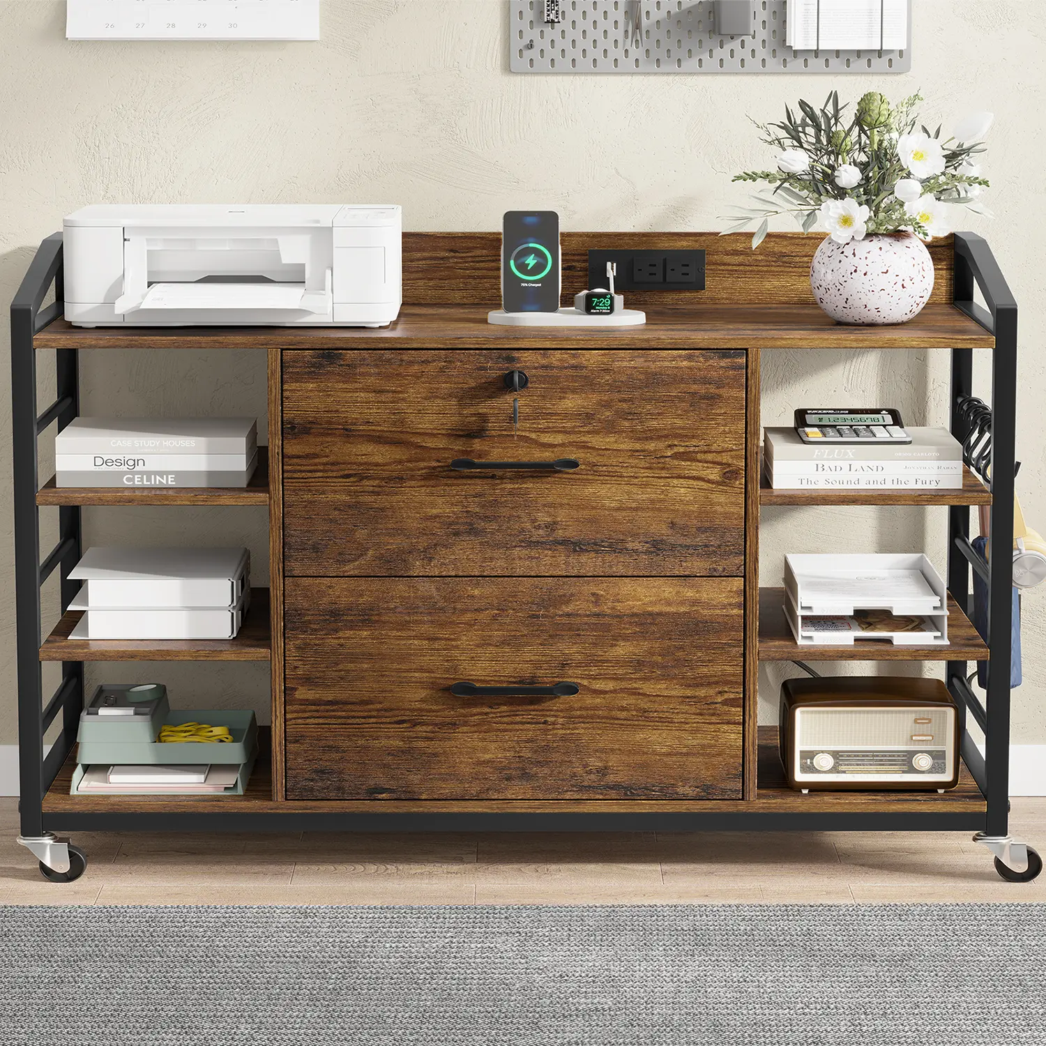 Sedeta 44 in Modern L-Shaped Locking File Cabinet - Wood-Metal Office Furniture with 2 Drawers, Rolling Casters, 6 Storage Shelves, Standing Desk Accessories for Home Office