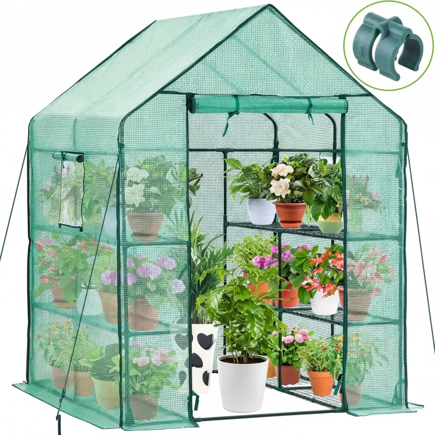 Walk-In Steel Frame Greenhouse (56x56x77") - Natural Outdoor Model with Zippered Door, Window, 2-Tier 8-Plant Shelves (22LBS Max Per Shelf), Durable Tear-Resistant PE Fabric Cover, UV-Waterproof-Windproof, Lightweight Portable for Garden Herbs Seedlings
