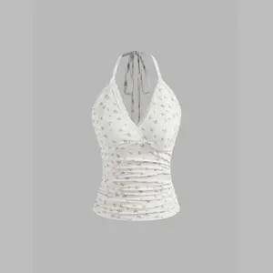 Cider [size 0-20/22] Halter Floral Lace Trim Knotted Ruched Top