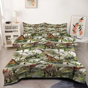 2/3Pcs Whimsical Dinosaur Adventure Comforter Set, Playful Prehistoric Theme Bedding Set, Soft and Cozy Quilted Comforter, Perfect for Kids and Teen Bedroom Decor, Lush Green Landscape Design，1 or 2 Pillowcase No Pillow Core