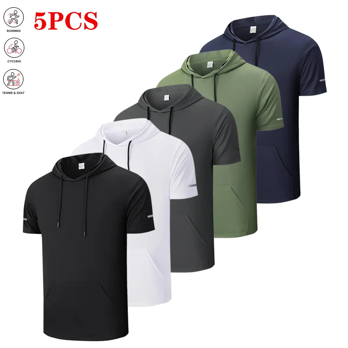 Men’s sports hooded T-shirt, 5 pcs, with kangaroo pocket, solid color/breathable quick-dry fabric, suitable for running, workouts, indoor fitness, men’s short-sleeve T-shirt