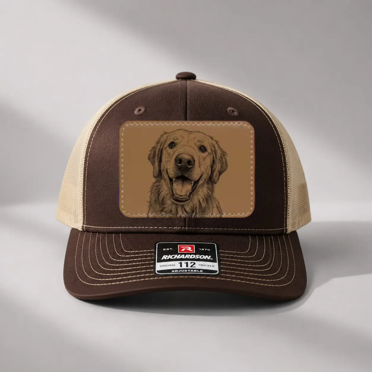 Vintage Brown Trucker Hat with Golden Retriever Leather Patch, Dog Lover Mesh Cap, Adjustable Snapback Baseball Cap, Rustic Outdoor Hunting Hat, Gift for Dog Owners, Casual Everyday Hat