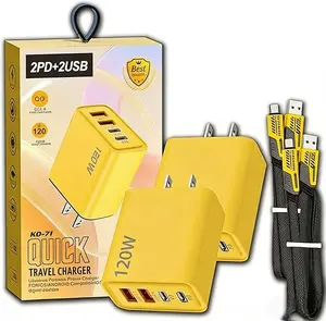 2 PCS Portable Fast Charger, Type C/USB A Dual Ports Adapter, 4 in 1 Fast Charging Cable & Data Sync, 120w Fast Chargers, 1.5m Flat Braided, for iPhone, Ipad, and Airpods