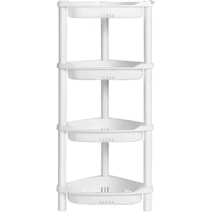 4 Tier Shower  Organizer Shelf Corner, 14.4 x 11.2 x 31.5 Inches, Rustproof, Plastic Shower Rack Stands for Inside Bathroom, Bathtub, Shower pan, White