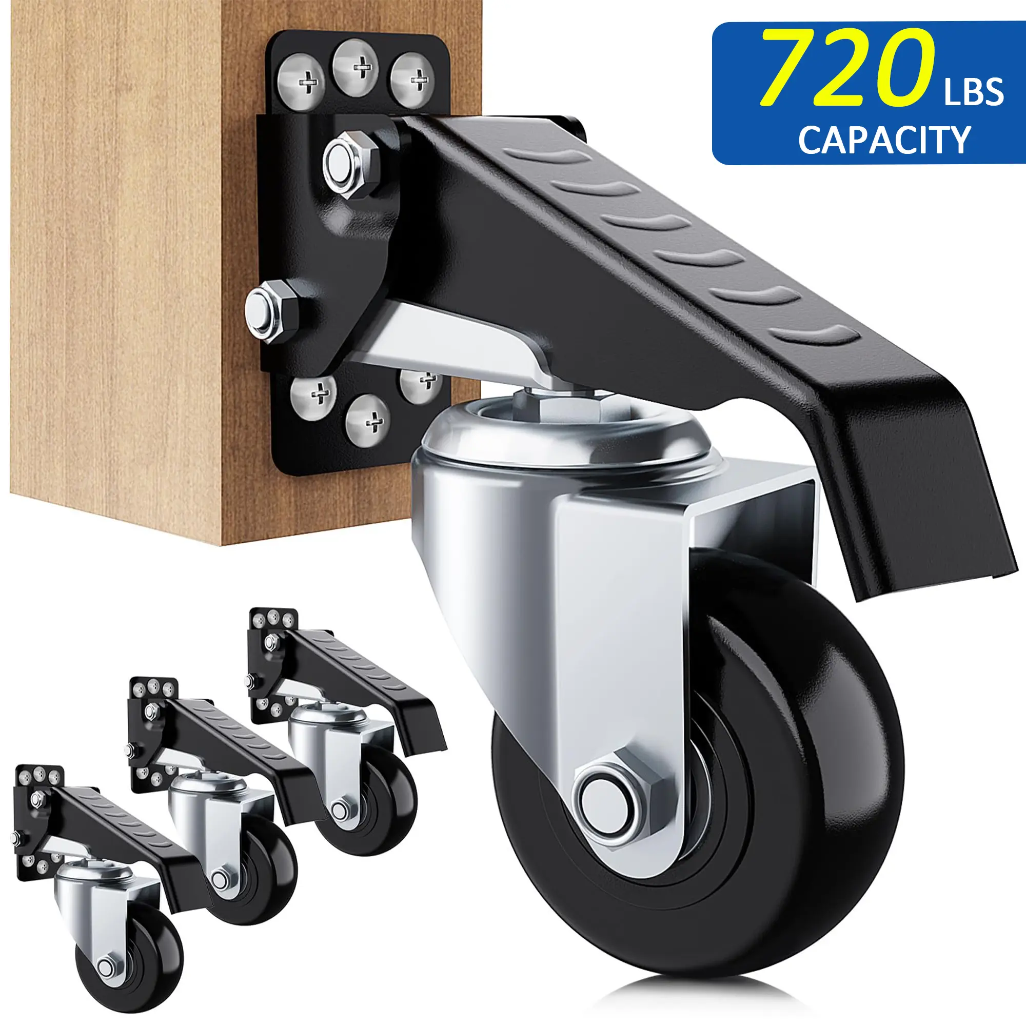 4 Pack Workbench Casters Wheels 720Lbs Retractable Casters Set of 4 Heavy Duty Side Mount Caster Rollers 2.5" Stepdown Castor Wheels for Bench Machinery Work Table with Installation Template