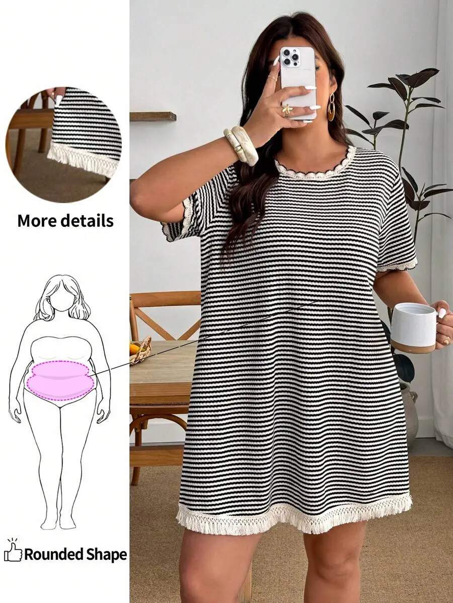 Plus-Size Women's Casual Elegant Western Filipiniana Black And White Loose Round Neck T-Shirt Dress, A Versatile Summer Vacation Brunch Office