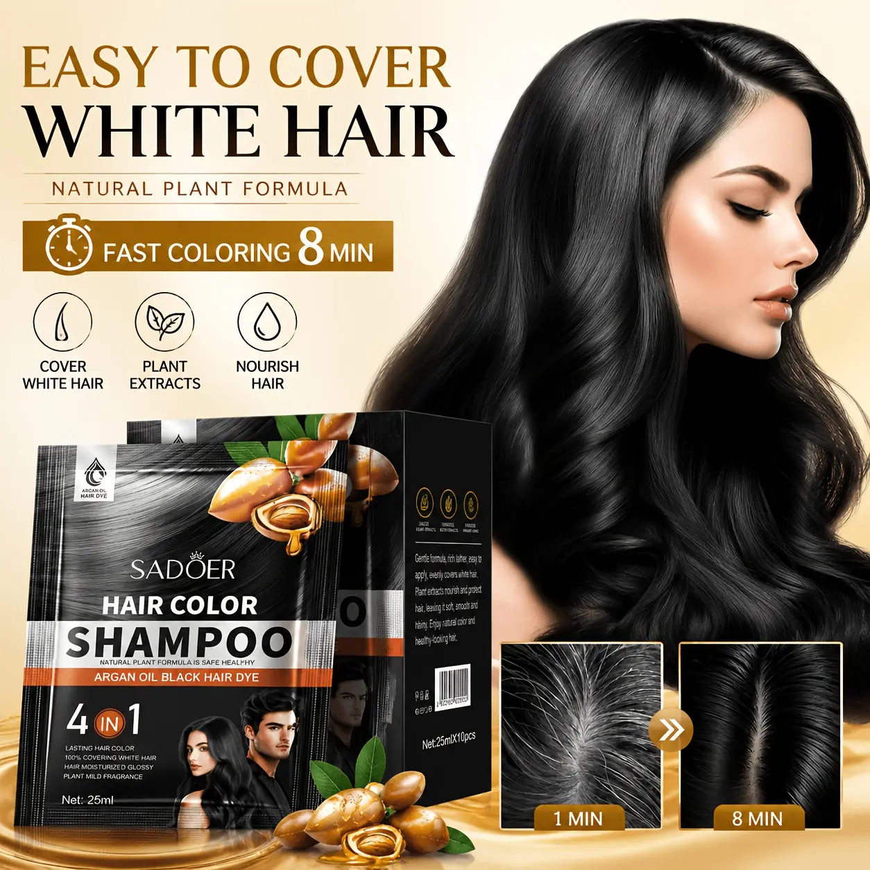1 box with 10 individually packed portable sachets, black/brown/chestnut shampoo - shampoo, three-in-one hair color shampoo, natural dye deep cleansing shampoo, suitable for both women and men