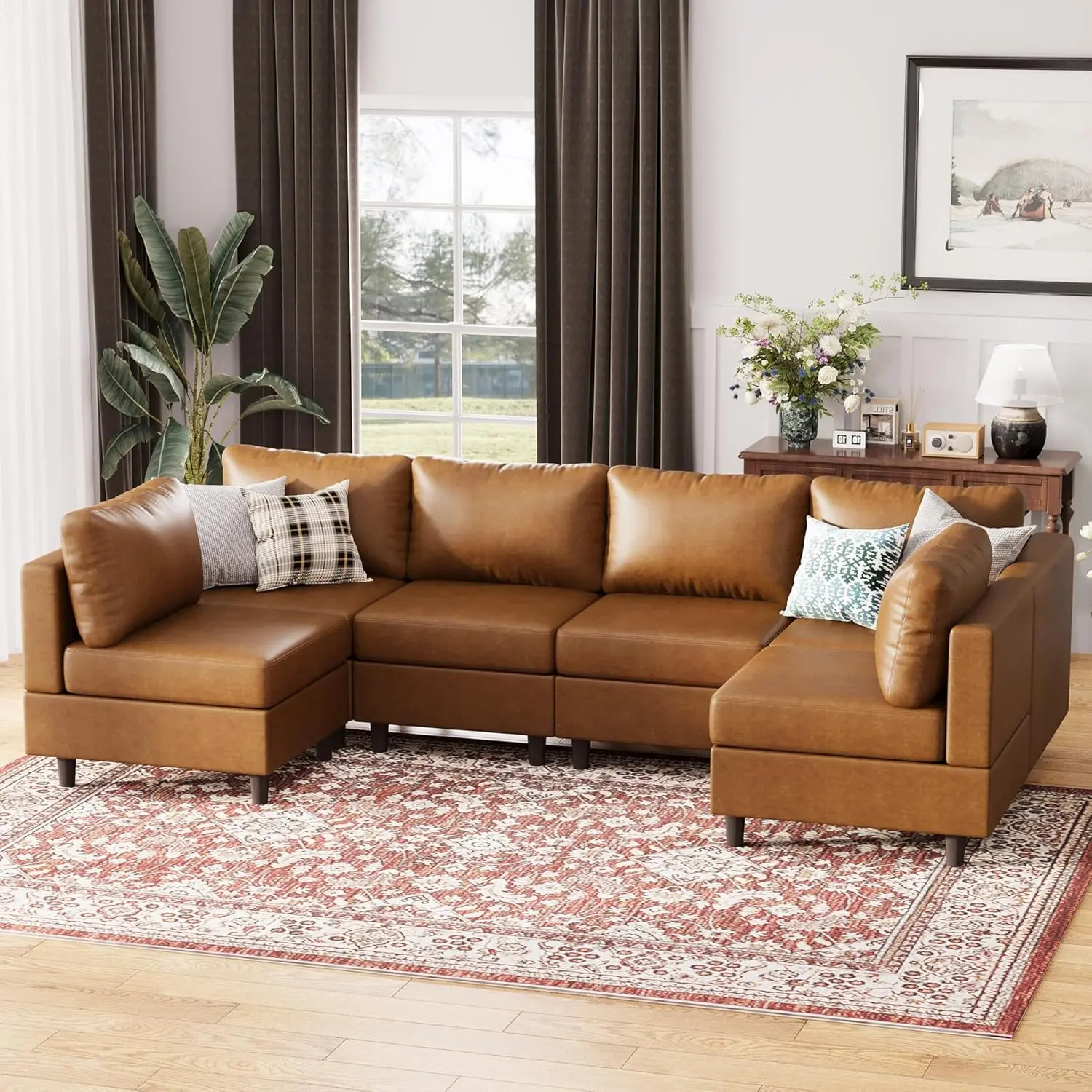 ABCASA Modern Modular Couch with Chaise - 118.5" L U-Shaped Sturdy Faux Leather Sectional Sofa Set, Wood Frame, Movable Storage Ottoman, DIY Combination, Easy-Clean Cloud PU Leather, Waterproof, Cushioned, Assembly Required, Living Room Manual Included