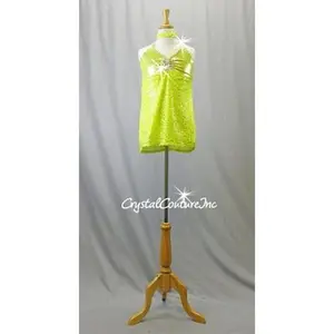 Neon Yellow Green Shimmery Leotard with Sequin Empire Waist Dress with Open Back - Swarovski Rhinestones