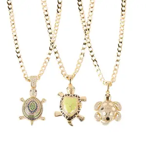 14K Laminated Gold Turtle Necklace Set 3mm Cuban Chain 16 18 20 Options for Men Women