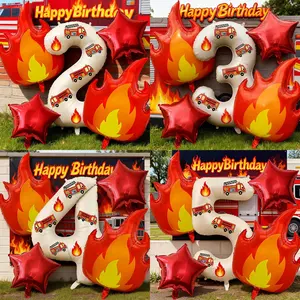 Fire Truck/Firefighter-Inspired Balloon Collection, Decor: Large 32Inch Number Balloons with Stickers, Flame Balloons, and Star Balloons - Perfect for Festive Atmosphere for Birthday, NewYear, Christmas, and More - Durable and No Assembly Required
