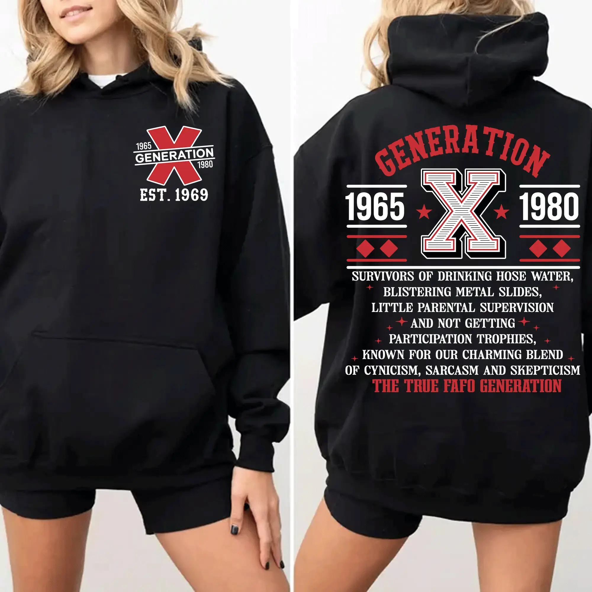 Unisex Gen X Digital Graphic Print Hoodie - Vintage Inspired Longsleeves, Cotton-Poly Blend, Fleece, Casual Loose Fit, Pocket, Pullover, All Seasons Tops, Made in USA, Thanksgiving Sarcastic Streetwear