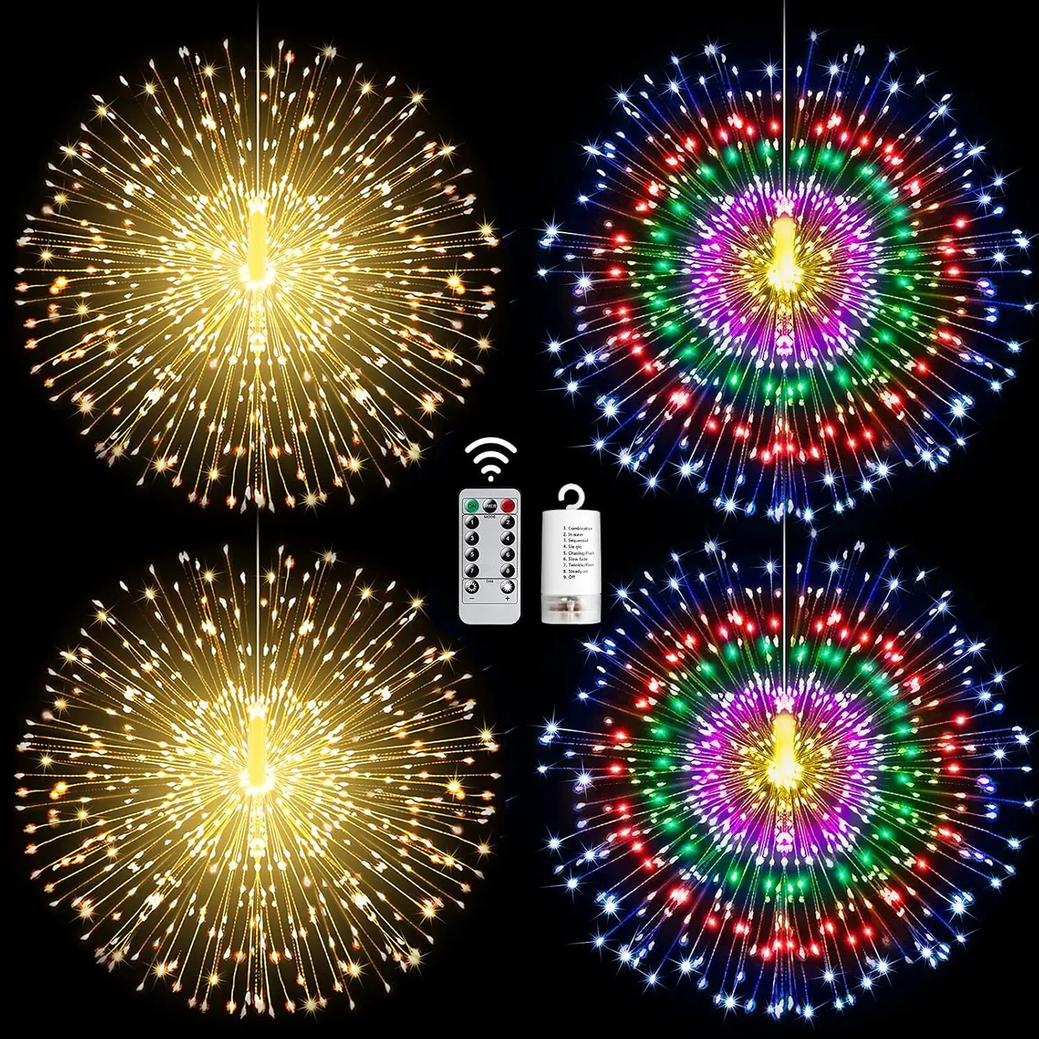 Cordless Firework Fairy Lights Set, 2-Pack 200 LED Copper Wire Lights - 8 Modes Remote Control, Dimmable, Timer, Blink Function, Holiday Decor for Christmas, Weddings (Batteries Not Included), Firework Lights