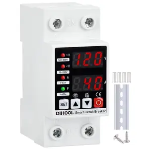 Adjustable Voltage Protector 110V 220V, Low/High Voltage Cutoff and Overcurrent Protection, 70-200V Undervoltage, 140-300V Overvoltage, 1-63A Smart Circuit Breaker AC Disconnect, DIN Rail Mount