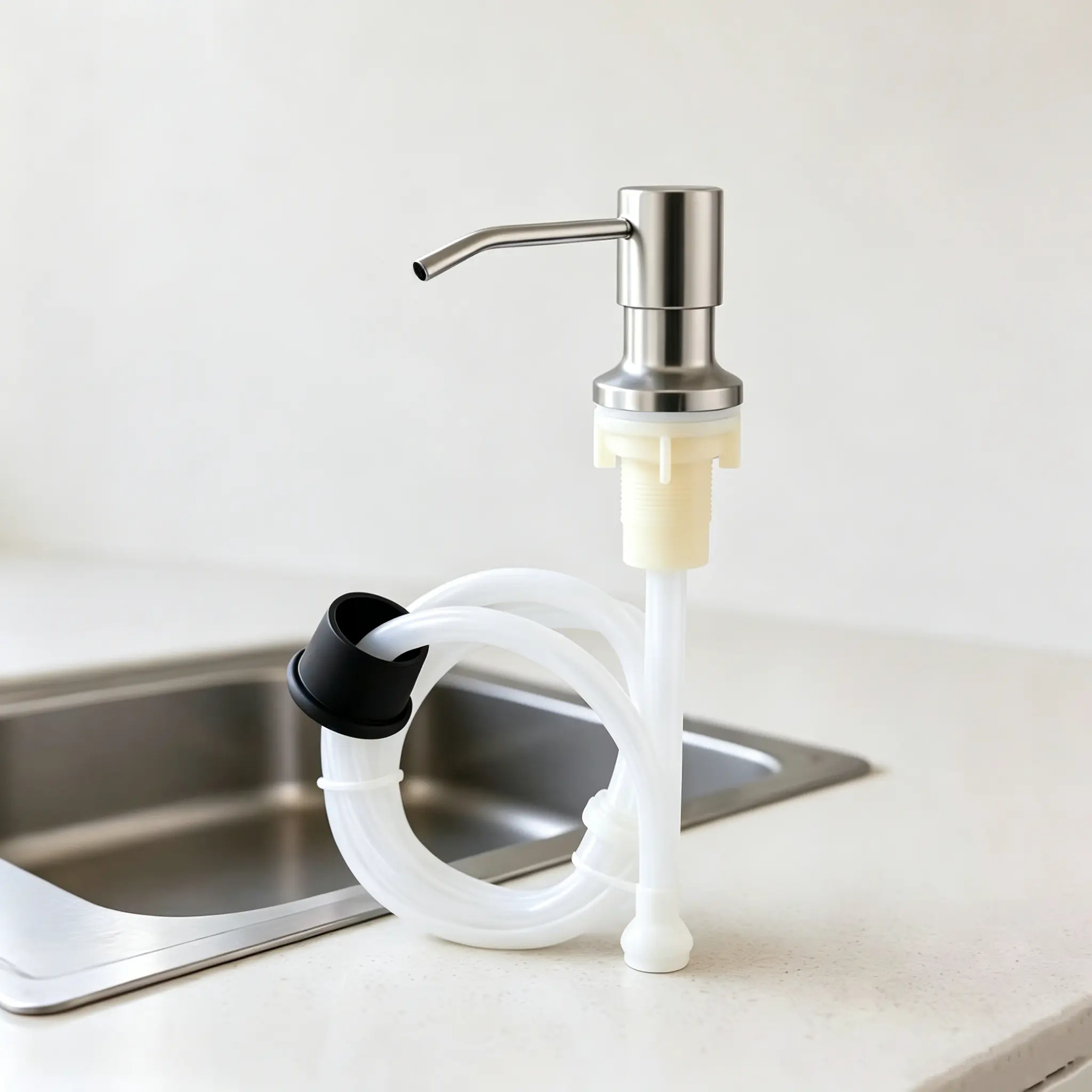 SUS304 Stainless Steel Built-in Kitchen Sink Soap Dispenser Kit, Extended Silicone Supply Hose Liquid Dishwashing Soap Press Pump Bottle Dispenser for Home Bar RV Counter Sink,Sink Bottom Grate