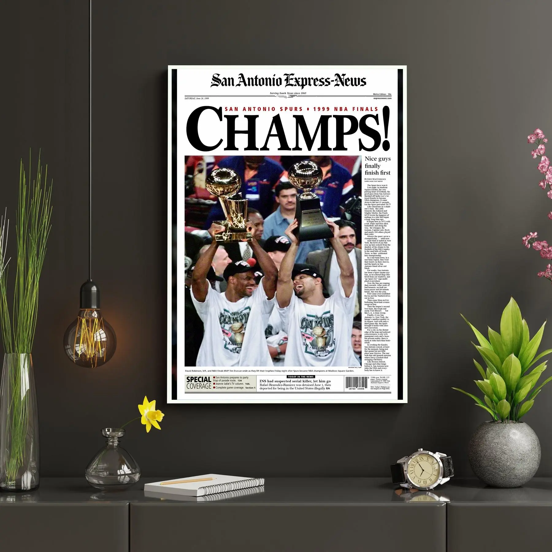1999 San Antonio Spurs newspaper cover print, David Robinson and Tim Duncan - POSTER NO FRAME