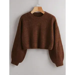 Solid Drop Shoulder Crop Sweater,Long Sleeve Tops Knit Pullover Fall Winter Outfit Fabric Knitwear�� fall sweaters Womenswear Crewneck Basic Brown�� cardigan�� fall sweaters Knitting Casual Minimalist Short