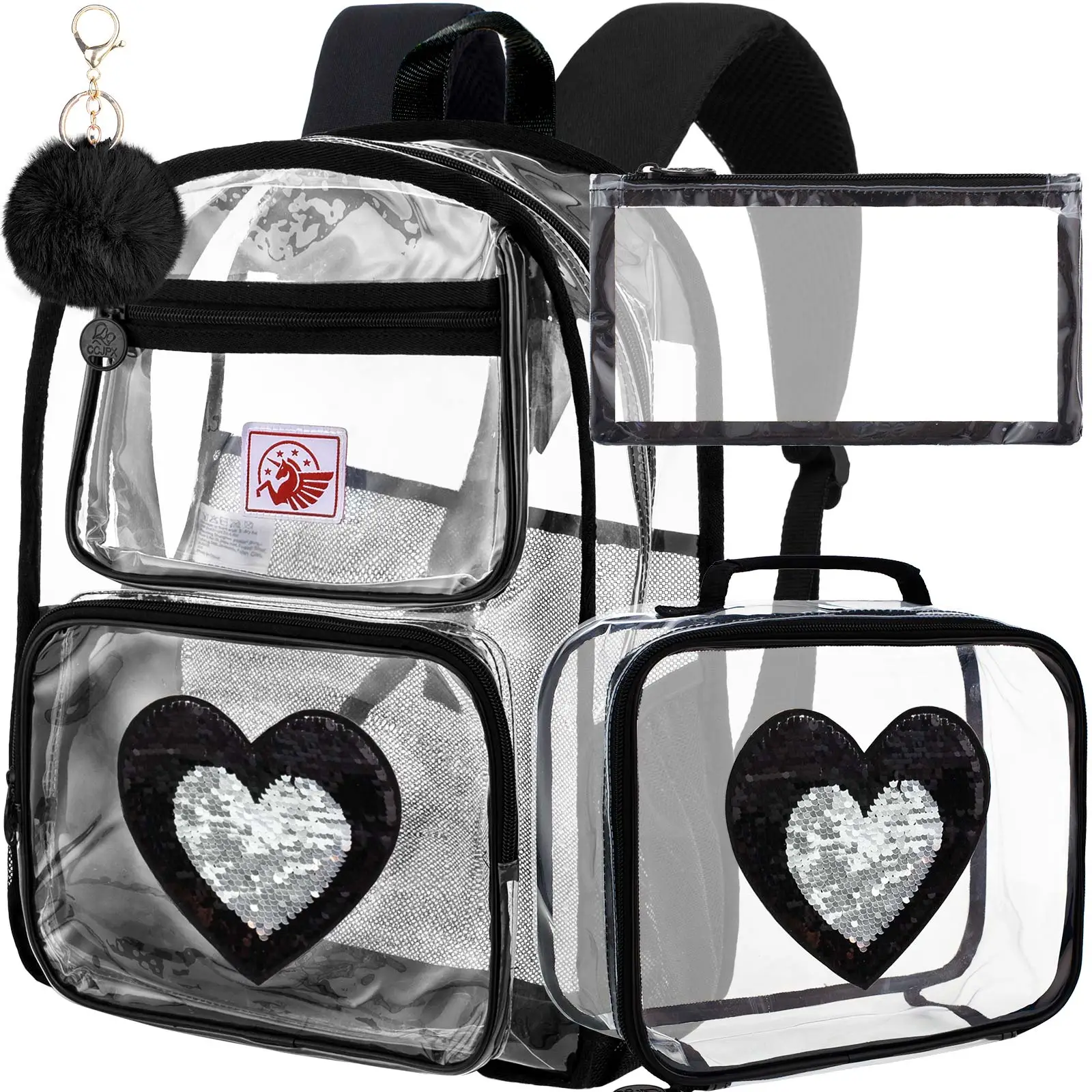 3PCS Clear Backpack Heavy Duty, See Through Sequins School Bag for Girls, Black Transparent Bookbag for Women