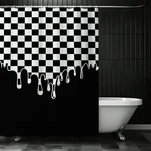 Modern Black and White Checkerboard Shower Curtain – Stylish Melting Drips Design for Trendy Bathrooms, Perfect for Year-Round Home Décor and Holiday Refresh – Elevate Your Space with Contemporary Geometric Art