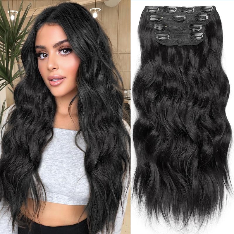 Fxmongyi Clip-in Hair Extensions 24/20 inch Synthetic Long Wavy 4PCS Thick Hairpieces Double Weft Natural Hair Extensions for Women