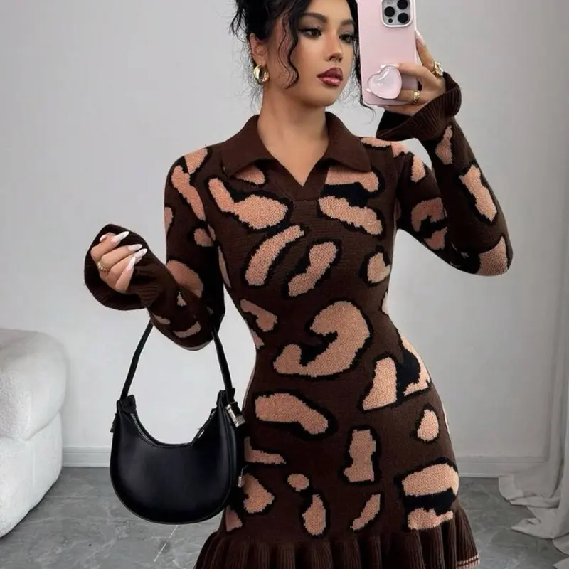 Winter Outfit for Women - Leopard Print Long Sleeve Knit Dress with Ruffle Hem and Collar - TikTok Shop Winter Outfit for Women - Leopard Print Long Sleeve Knit Dress with Ruffle Hem and Collar - TikTok Shop