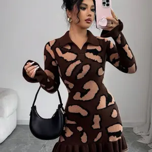 Winter Outfit for Women - Leopard Print Long Sleeve Knit Dress with Ruffle Hem and Collar