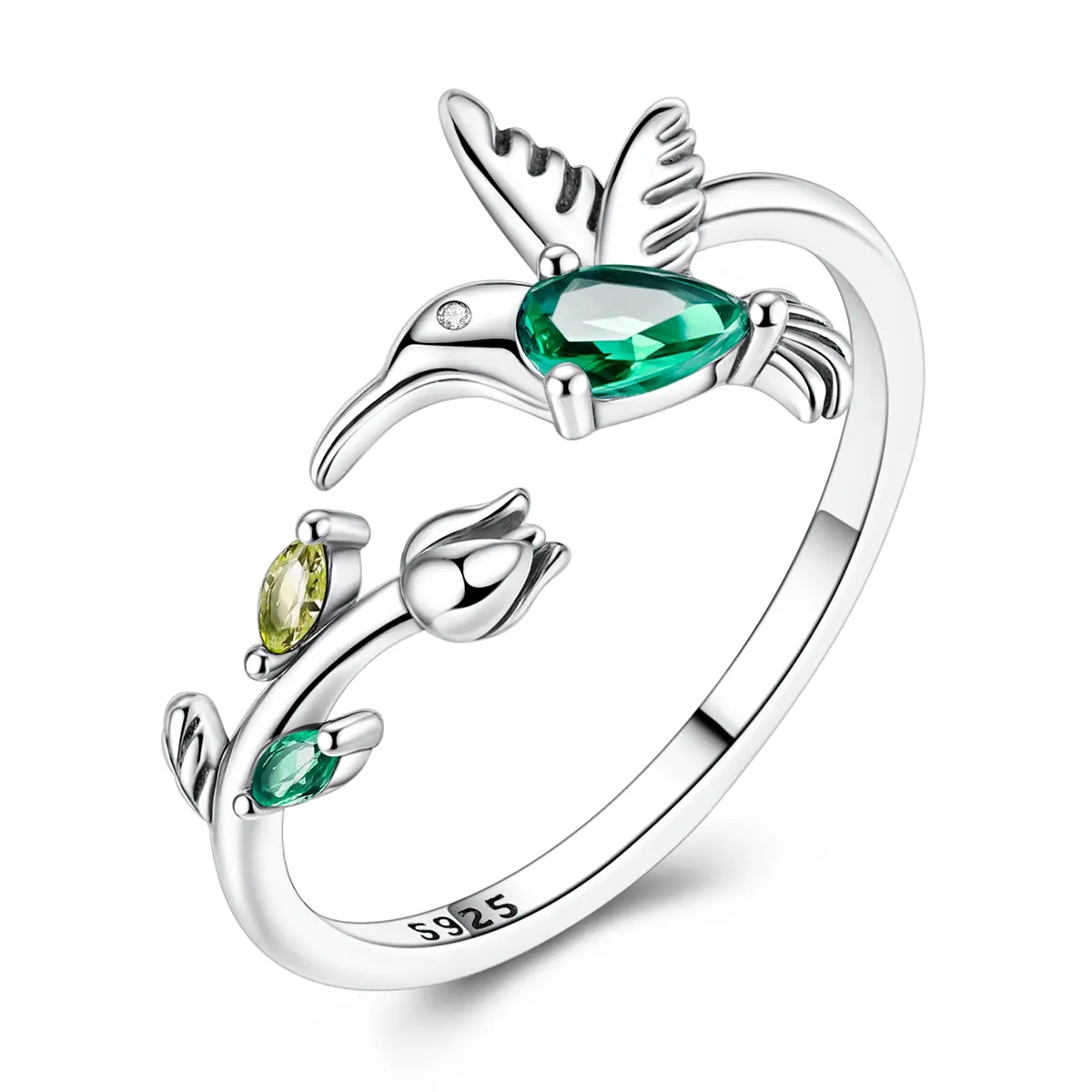 MULA Hummingbird and Tulip Open Ring in Sterling Silver with Green Cubic Zirconia - Adjustable jewelry inspired by nature, the best gift for women, gardening enthusiasts, Adjustable Rings summerwins,