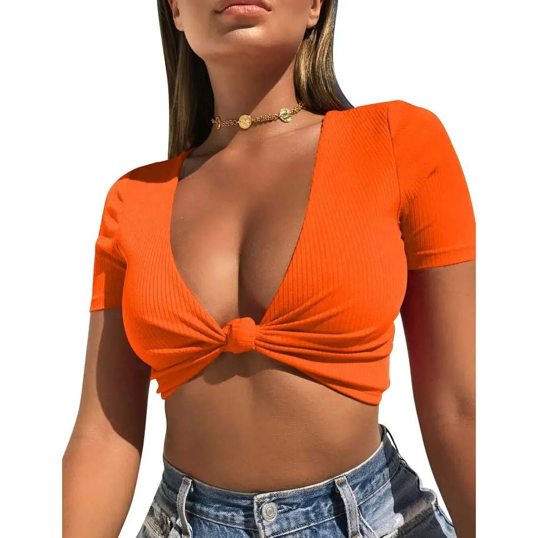 Women's Slim-Fit Shortsleeve Deep V-Neck Bow-Front Lace-Up Adjustable Tie Top - Crop Length, Basic Casual T-Shirt, Boho Blouse, Cropped Fitted Women's Tops, Women's Clothes