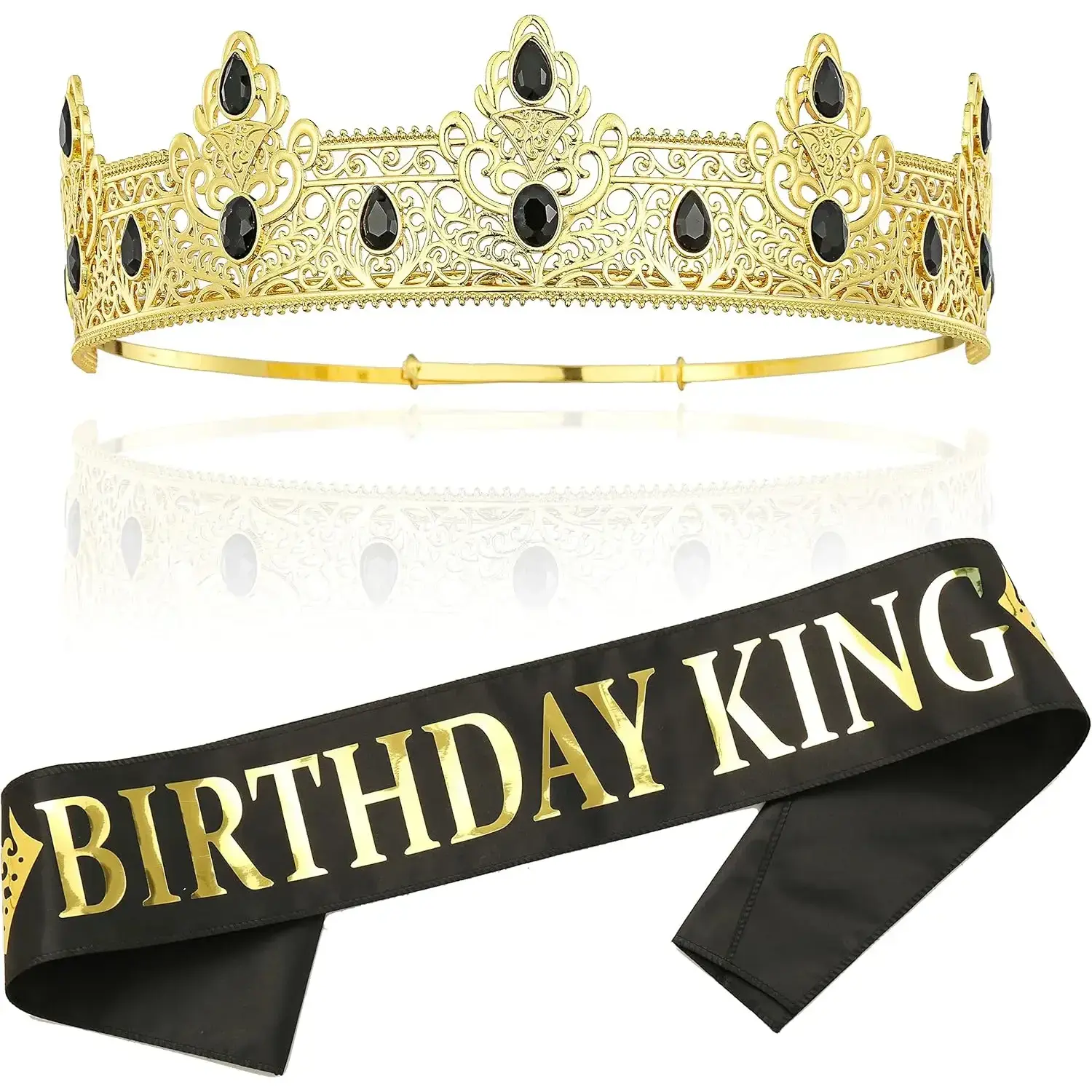 King Crown and Sash Set for Men's Happy Birthday Party, Gold Metal Rhinestone Crown & Black Sash, Lightweight Adjustable Accessories, Gift for Husband, Father, Gifts For Boyfriend