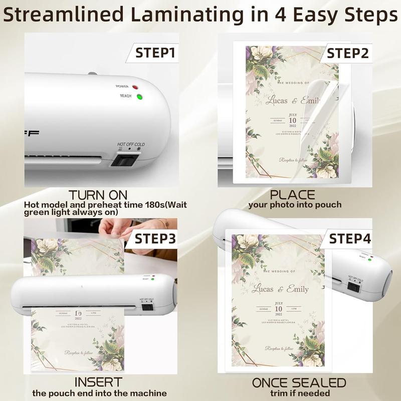 Laminator Machine 9-Inch Portable Thermal Laminater with Hot & Cold Modes, A4 Small Laminating Machine with ABS Jam-Release, 3-Min Warm-Up, 6-in-1 Photo Laminator Kit for Home Office and Class, White