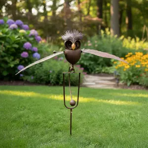 Large Retro Bronze Owl Metal Wind Spinner Kinetic Garden Art - Iron Ground Stakes Wind Sculptures, Patio Lawn Walkway Decor, Outdoor Gift for Gardeners