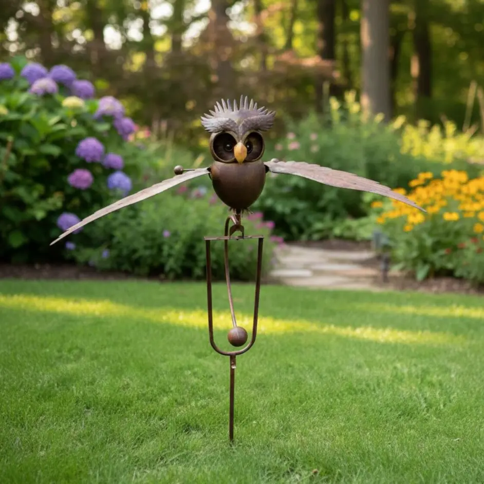 Large Retro Bronze Owl Metal Wind Spinner Kinetic Garden Art - Iron Ground Stakes Wind Sculptures, Patio Lawn Walkway Decor, Outdoor Gift for Gardeners