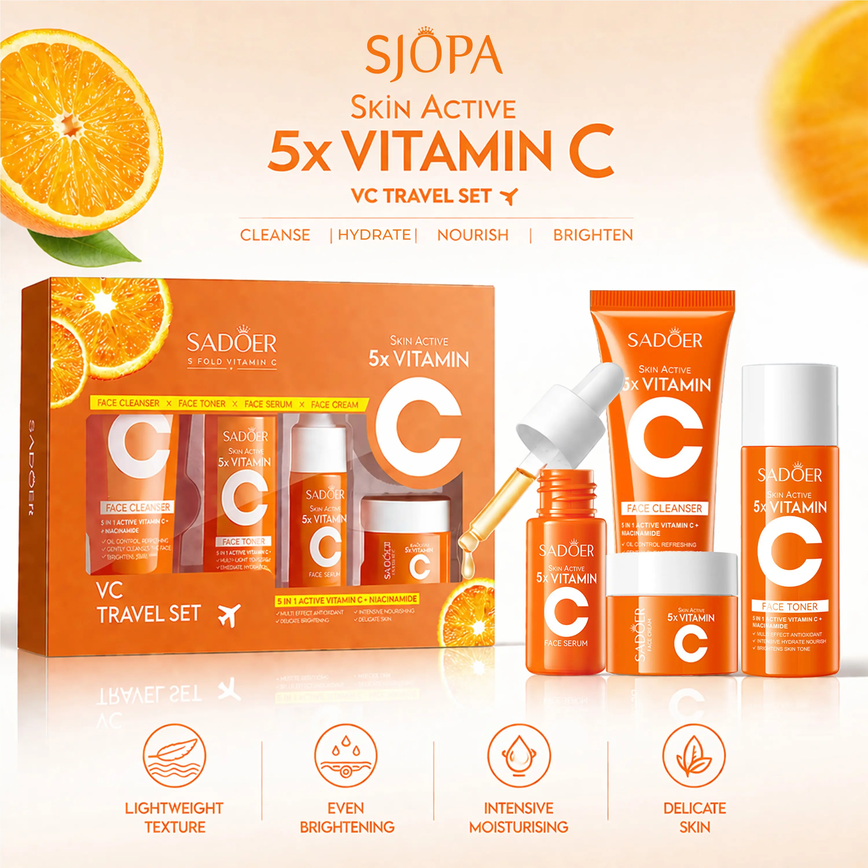 Sjopa 4-Step Vitamin C Skincare Set - 30 ml Travel Size, Unisex Brightening & Hydrating Smooth Skin Routine Multi-Pack for All Skin Types, Gym Bags Compatible Daily Facial Kit, Adults