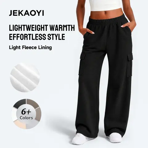 JEKAOYI Women's High-Waist Cotton Cargo Sweatpants - Baggy Fit, Lightweight Fleece, Machine Washable, Pockets, Streetwear, Casual Sporty Workout Jogger Pants