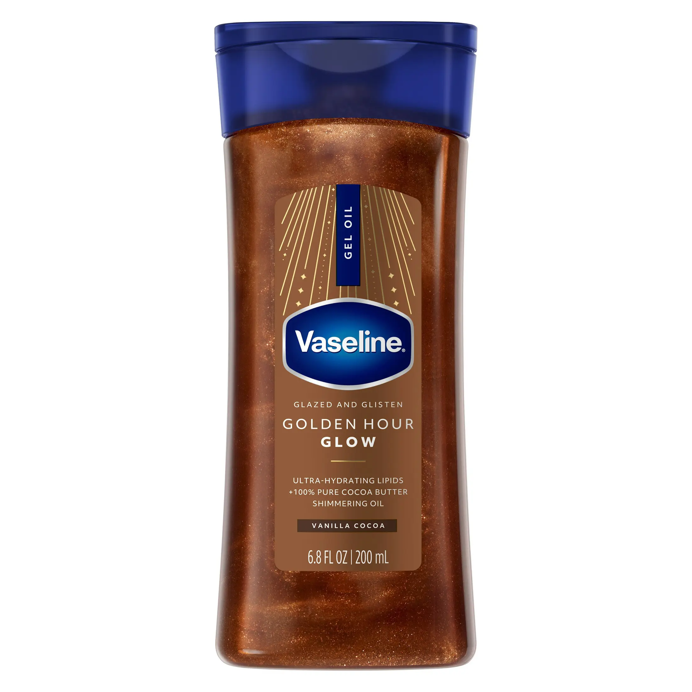 Vaseline Glazed and Glisten Golden Hour Glow Vanilla Cocoa Shimmering Body Gel Oil with Ultra-Hydrating Lipids and 100% Pure Cocoa Butter, 6.8 fl oz