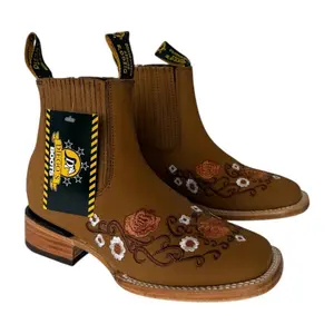 Stephy’s Boots Women's Cowgirl Ankle Boots Flowers with Square Toe Genuine Leather, Botin Dama Flores 100% Piel