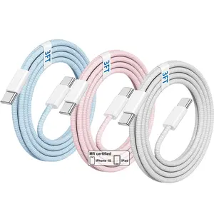 3-Pack USB-C to USB-C Braided Cable for iPhone 17/Air/16/15 Pro Max, Type-C 60 W PD 3.0 Fast Charging Cord Compatible with MacBook Pro/Air, iPad, Galaxy S25/S24 and AirPods, Multi-Color Super Fast Charging Cables