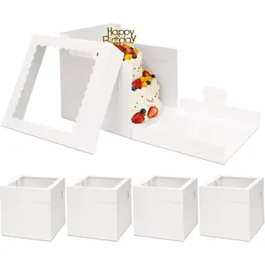 5 Pack Cake Boxes 8 Inch, Bakery Containers with Large Window, 8 Inch White Cake Carrier, Disposable Boxes for Halloween Birthday, Party, Cupcake Cookie Pie Pastry (8x8x8 Inches)